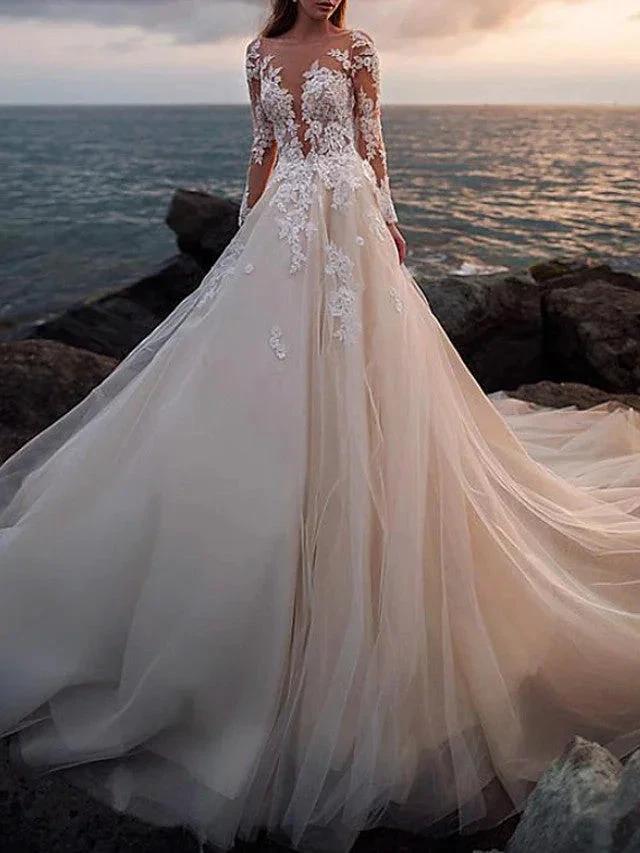 Long A-Line Jewel Neck Court Train Lace Tulle Wedding Dresses with Sleeves (ZD15952)