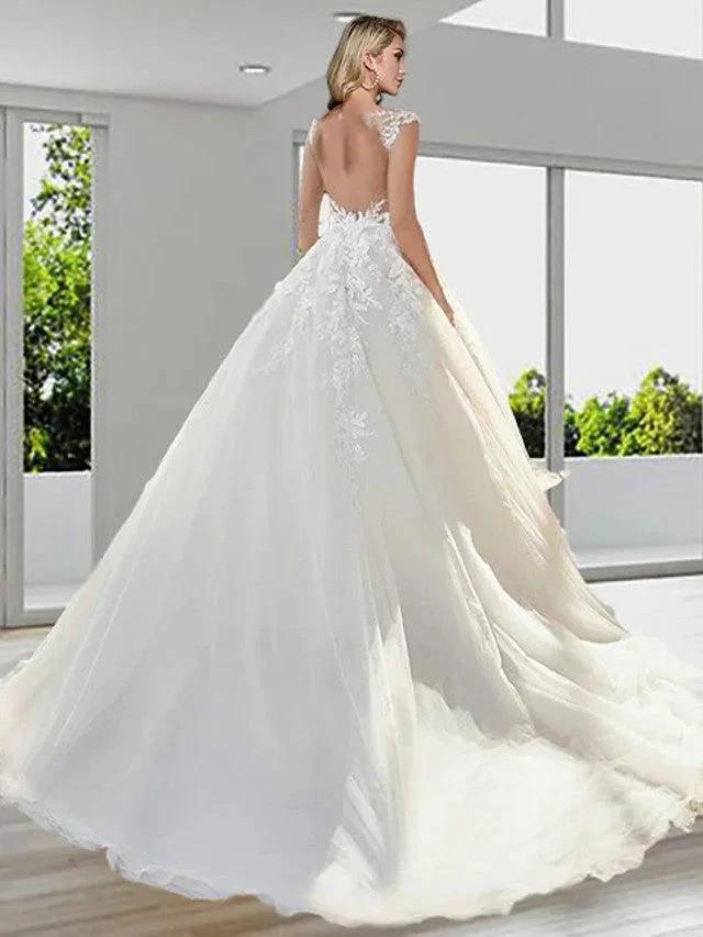 Long A-Line Jewel Neck Sweep Brush Train Lace Tulle Backess Wedding Dresses (ZD15956)