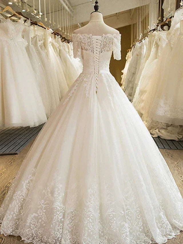 Long A-line Off Shoulder Court Train Lace Tulle Wedding Dresses with Sleeves (ZD15937)