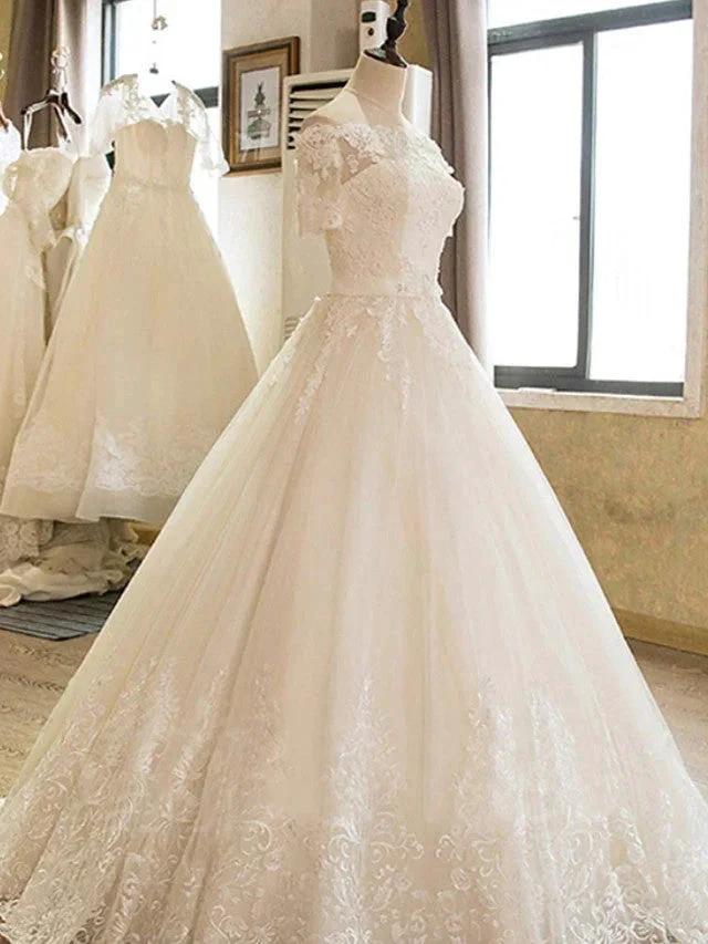 Long A-line Off Shoulder Court Train Lace Tulle Wedding Dresses with Sleeves (ZD15937)
