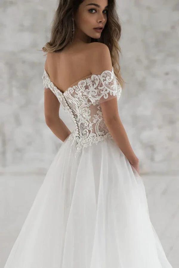 Long A-line Off the Shoulder Appliques Tulle Wedding Dress with Sleeves (ZD14397)