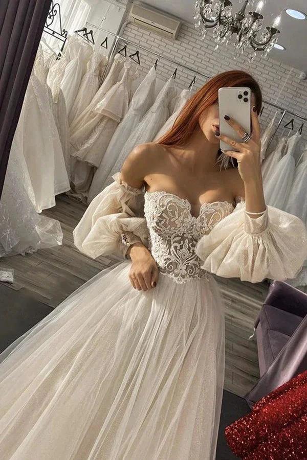 Long A-line Off The Shoulder Appliques Tulle Wedding Dress with Sleeves (ZD14994)