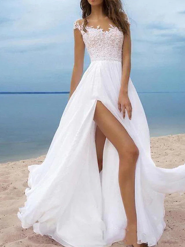 Long A-Line Off the Shoulder Chiffon Backless Wedding Dresses with Slit (ZD15933)