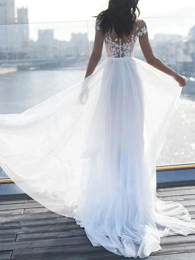 Long A-Line Off the Shoulder Lace Chiffon Wedding Dresses with Sleeves (ZD15958)