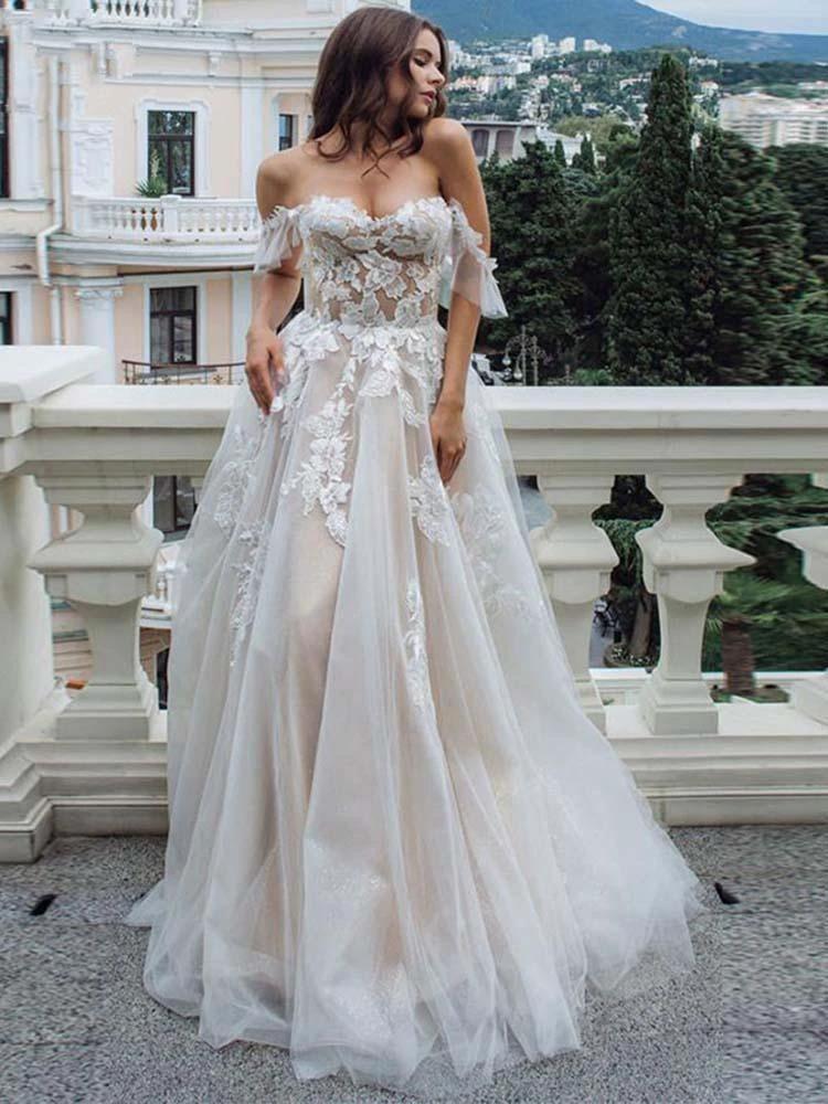 Long A-Line Off-the-Shoulder Lace Tulle Wedding Dresses (ZD15910)