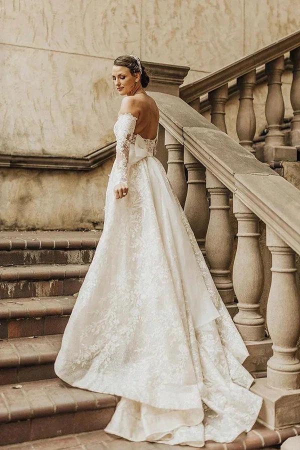Long A-line Off The Shoulder Lace Wedding Dress With Sleeves (ZD14999)
