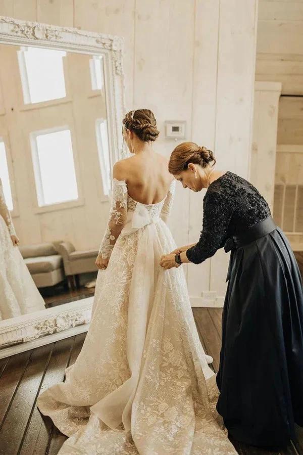 Long A-line Off The Shoulder Lace Wedding Dress With Sleeves (ZD14999)