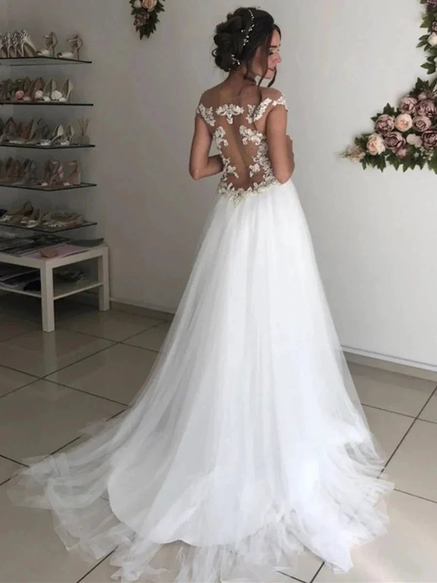 Long A-line Off the Shoulder Round Neck Tulle Lace Wedding Dresses (ZD16738)