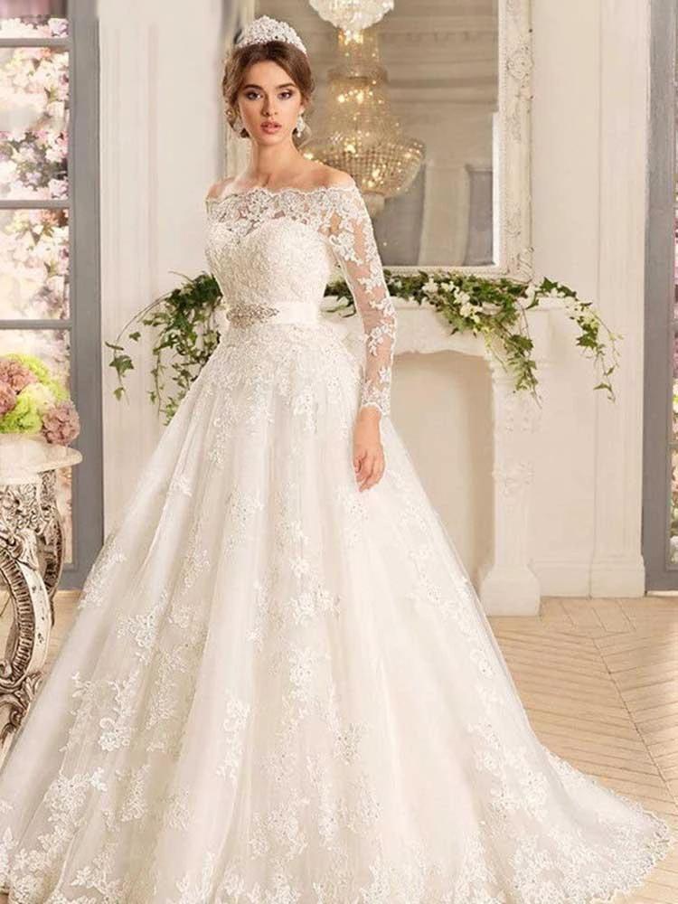 Long A-line Off-the-Shoulder Tulle Lace Wedding Dresses with Sleeves (ZD15924)
