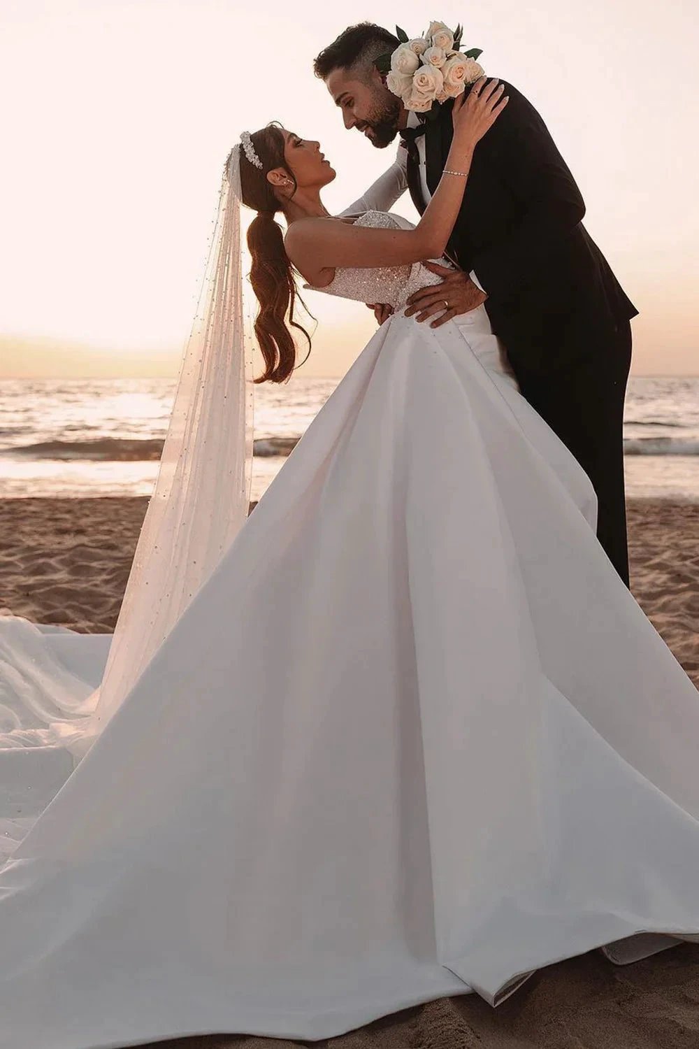 Long A-line One Shoulder Sequins Satin Wedding Dress with Sleeves (ZD15994)