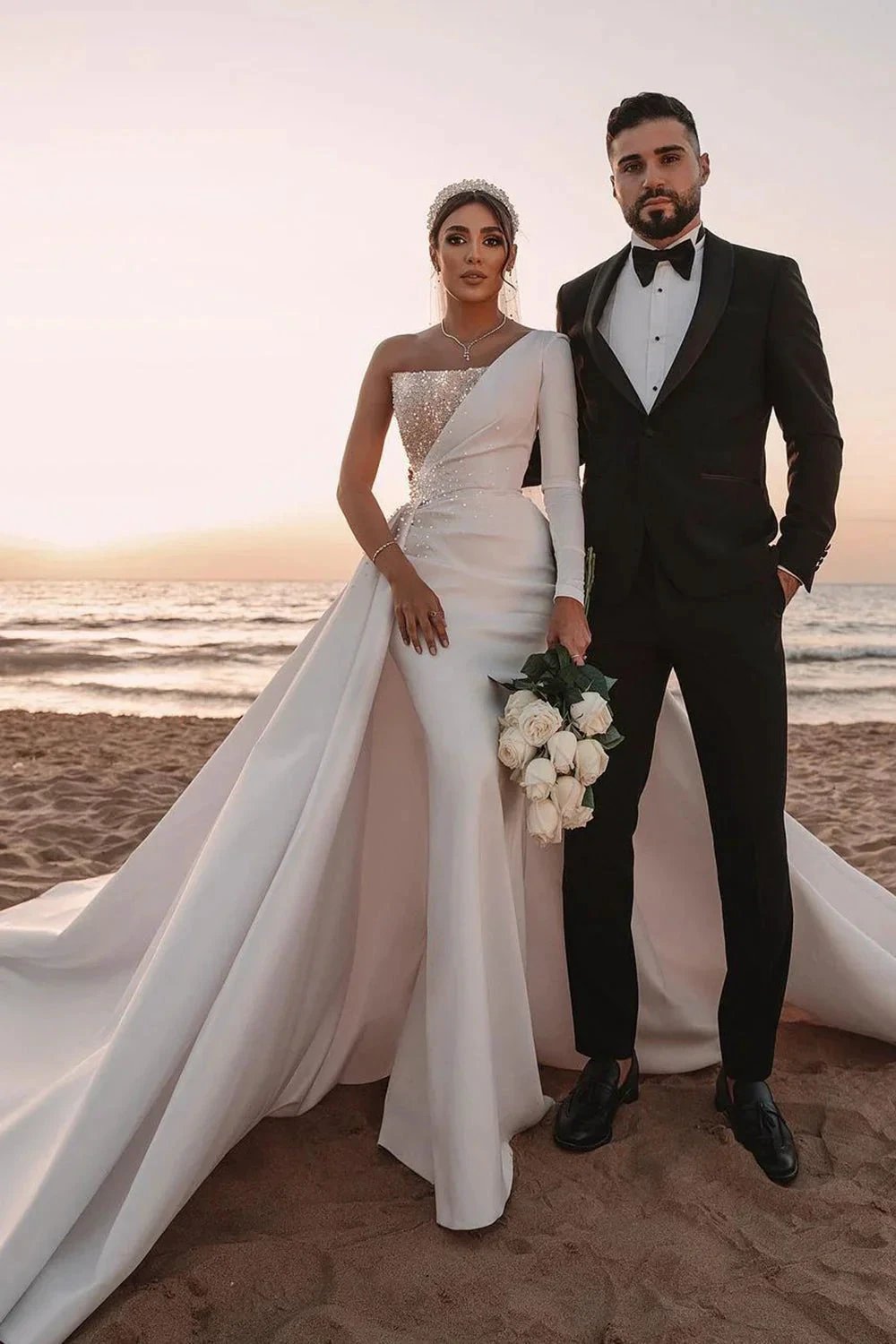 Long A-line One Shoulder Sequins Satin Wedding Dress with Sleeves (ZD15994)