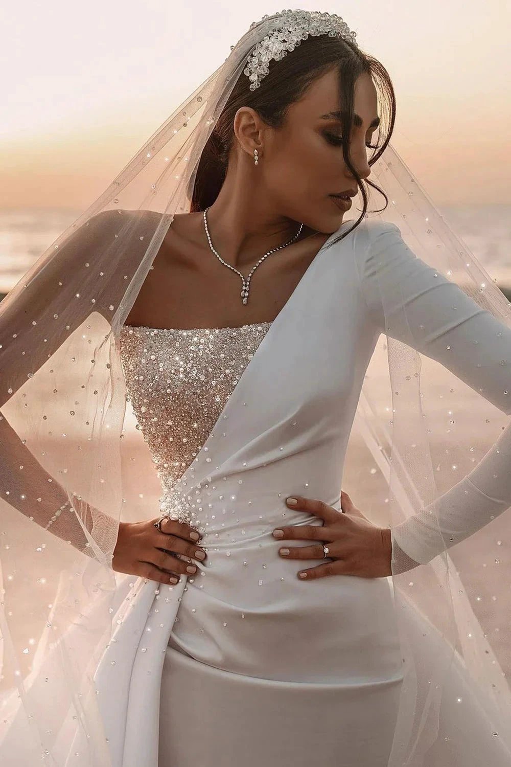 Long A-line One Shoulder Sequins Satin Wedding Dress with Sleeves (ZD15994)