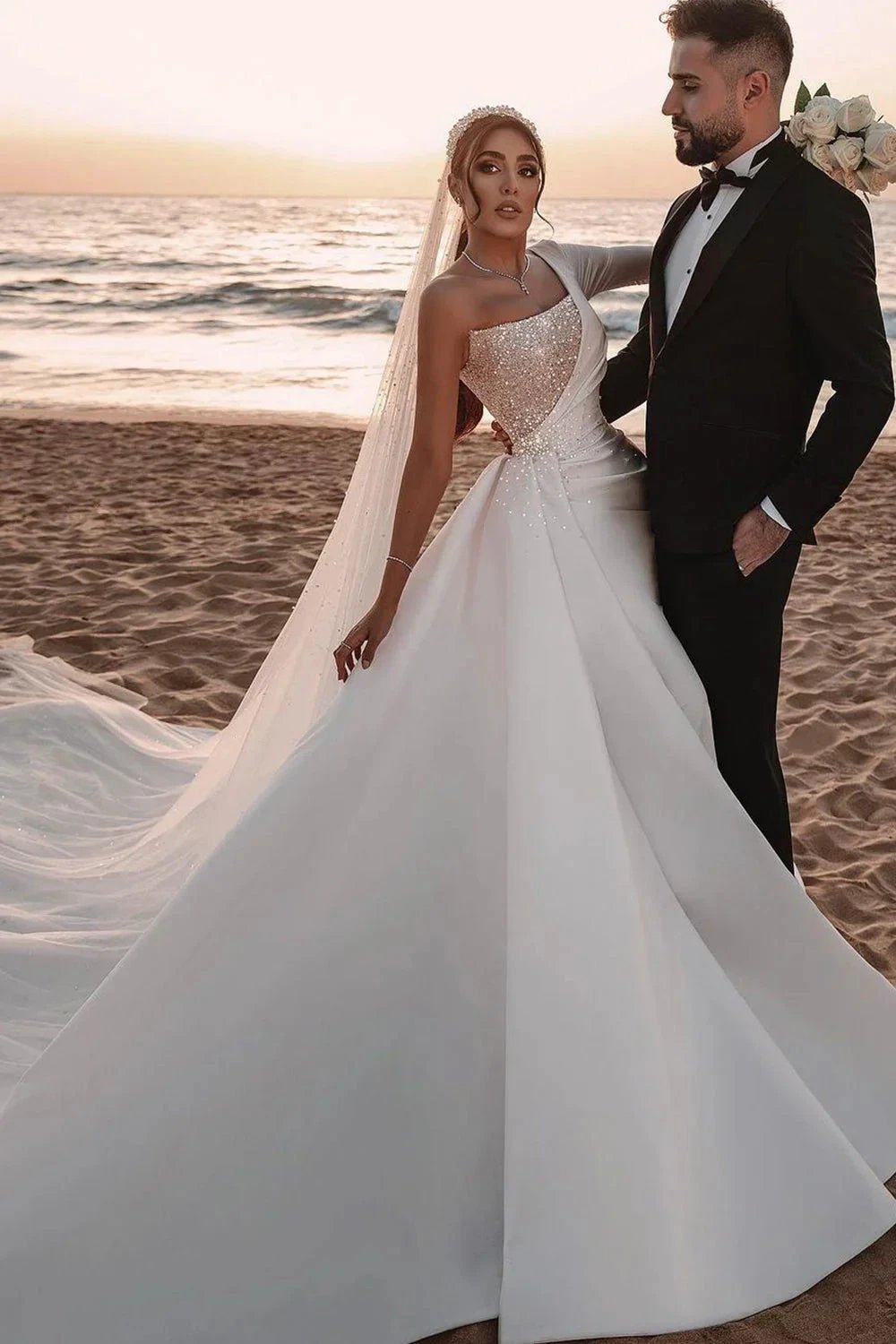 Long A-line One Shoulder Sequins Satin Wedding Dress with Sleeves (ZD15994)
