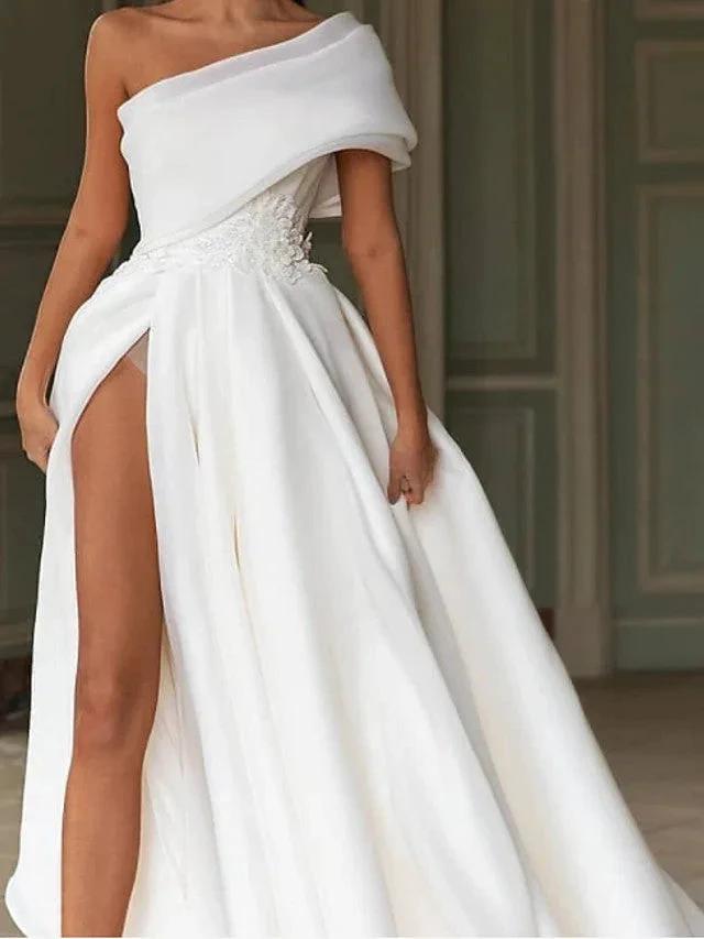 Long A-Line One Shoulder Sweep Brush Train Chiffon Wedding Dresses with Slit (ZD15941)