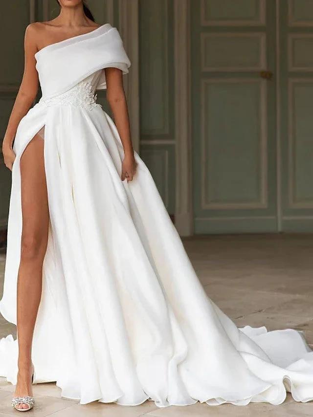 Long A-Line One Shoulder Sweep Brush Train Chiffon Wedding Dresses with Slit (ZD15941)