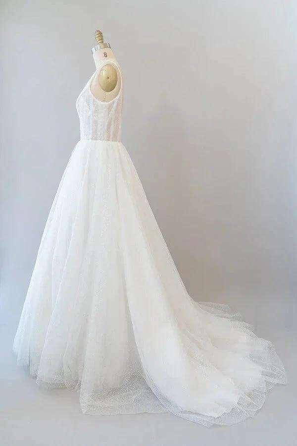 Long A-line Open Back Sequins Tulle Backless Wedding Dress (ZD15783)