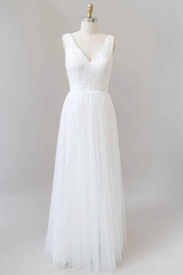 Long A-line Open Back V-neck Lace Tulle Wedding Dress (ZD14377)