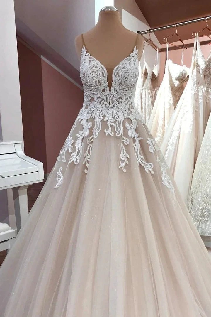 Long A-Line Sequin Tulle Spaghetti Straps Appliques Lace Wedding Dress (ZD15229)