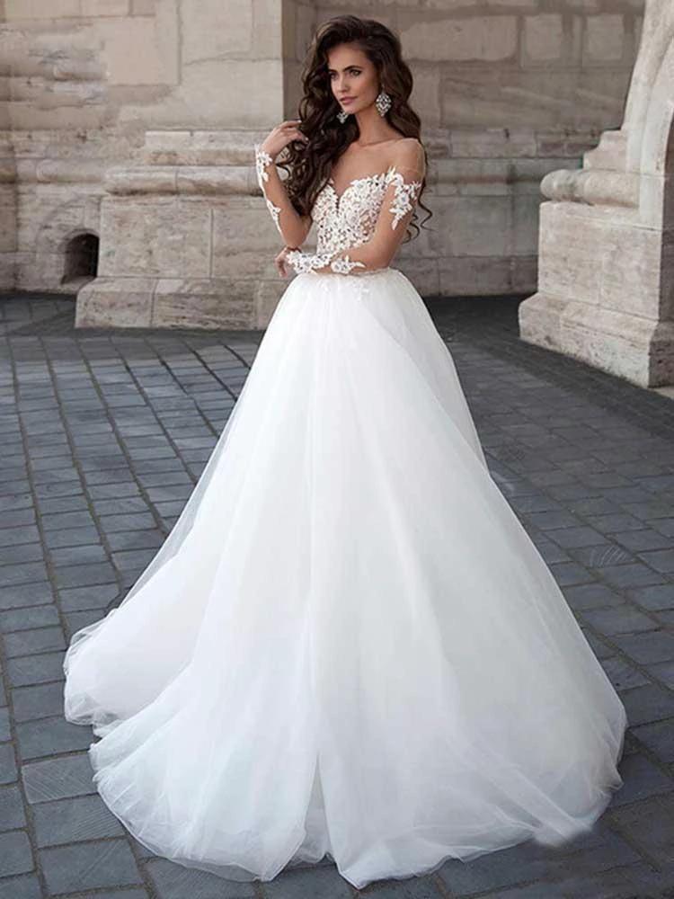 Long A-Line Sleeve Lace Tulle Backless Wedding Dresses with Sleeves (ZD15914)