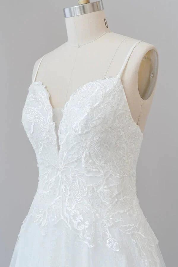 Long A-line Spaghetti Strap Applique Tulle Backless Wedding Dress (ZD14388)