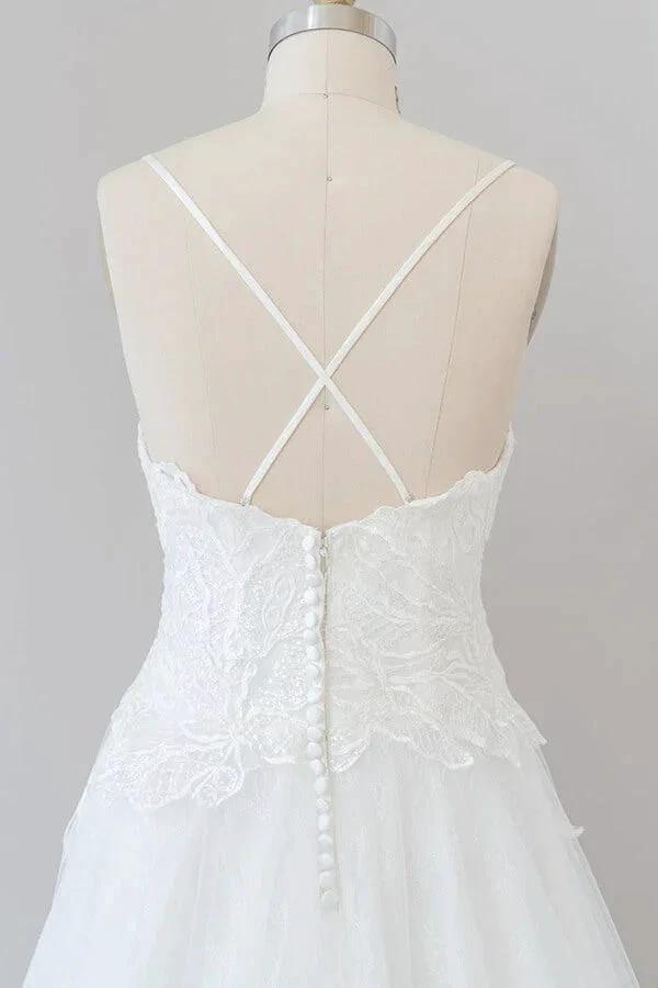 Long A-line Spaghetti Strap Applique Tulle Backless Wedding Dress (ZD14388)