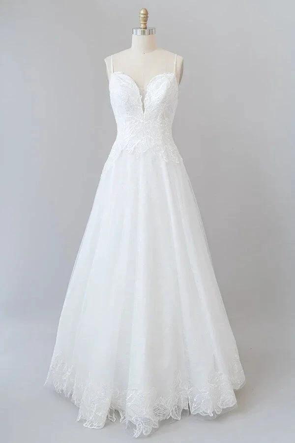 Long A-line Spaghetti Strap Applique Tulle Backless Wedding Dress (ZD14388)