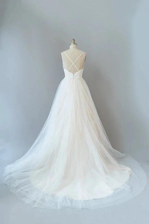 Long A-line Spaghetti Strap Lace Tulle Backless Wedding Dress (ZD14410)