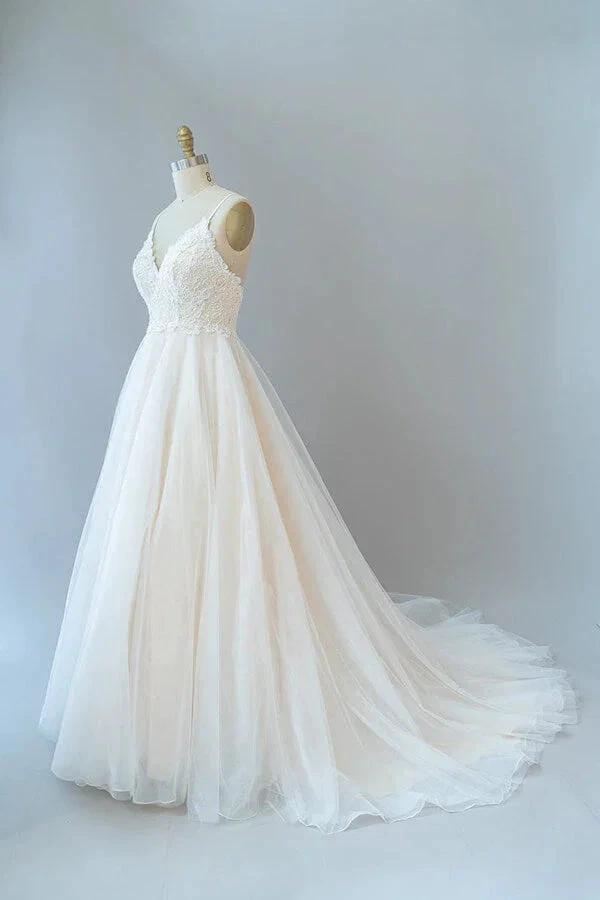 Long A-line Spaghetti Strap Lace Tulle Backless Wedding Dress (ZD14410)