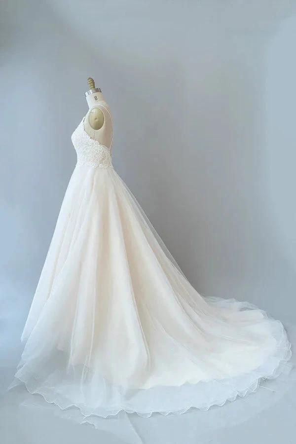Long A-line Spaghetti Strap Lace Tulle Backless Wedding Dress (ZD14410)