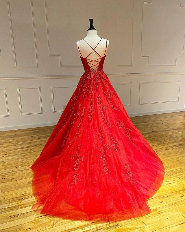 Long A-Line Spaghetti Straps Lace Tulle Open Back Prom Dress - View 3 | VelvetHem