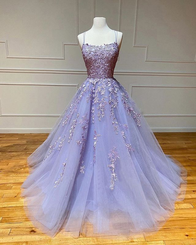 Long A-Line Spaghetti Straps Lace Tulle Open Back Prom Dress - View 4 | VelvetHem