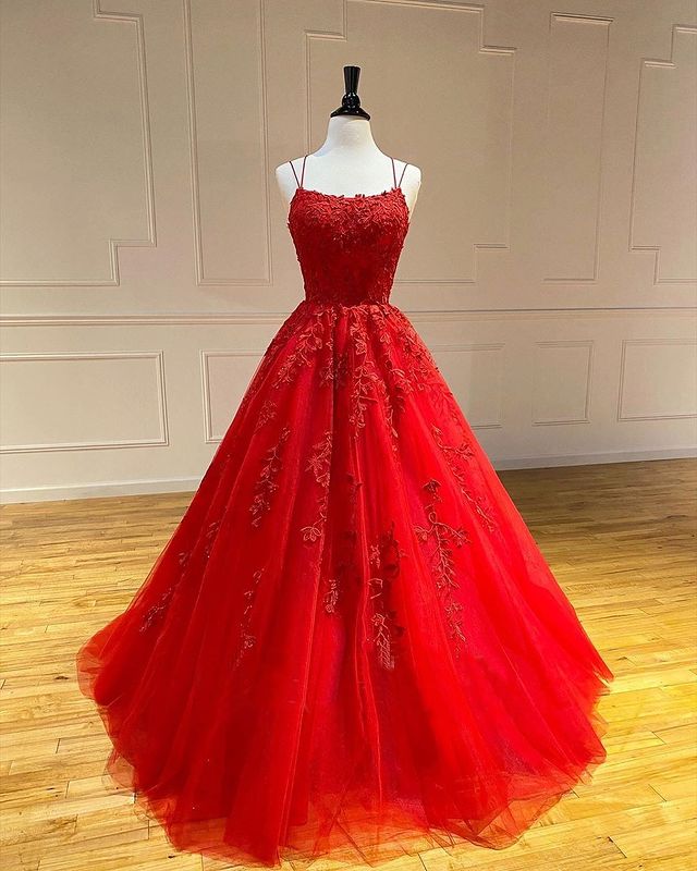 Long A-Line Spaghetti Straps Lace Tulle Open Back Prom Dress - VelvetHem