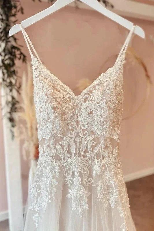 Long A-Line Spaghetti Straps Sweetheart Appliques Lace Tulle Wedding Dress (ZD15210)