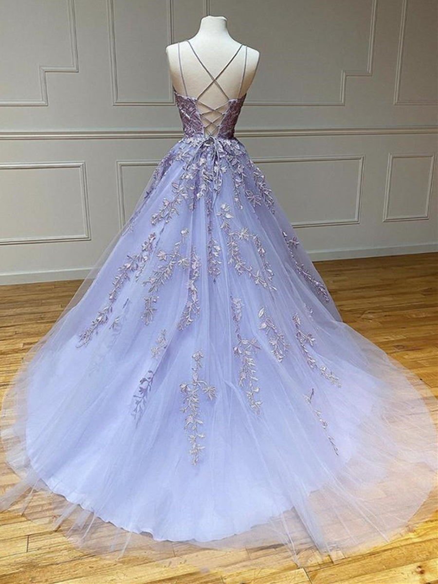 Long A-line Strapless Backless Tulle Lace Formal Graduation Prom Dresses - View 3 | VelvetHem