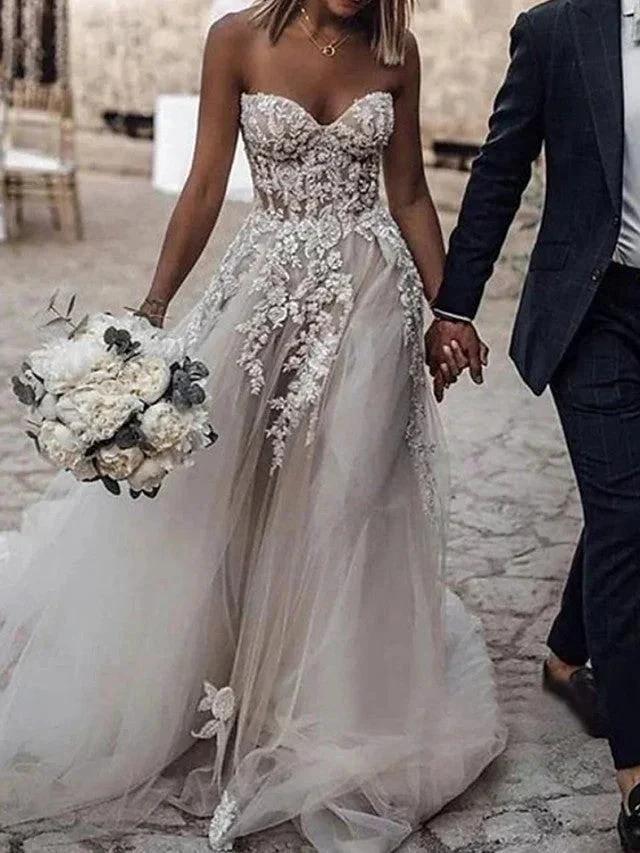 Long A-Line Strapless Sweep Brush Train Lace Tulle Sleeveless Wedding Dresses (ZD14458)