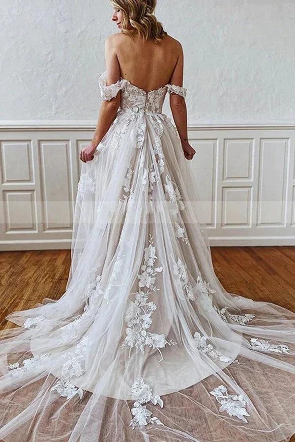 Long A-line Straps Sweetheart Appliques Lace Tulle Backless Wedding Dress (ZD14995)