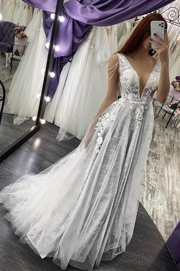 Long A-line Straps V-neck Appliques Pearls Backless Wedding Dress (ZD14998)