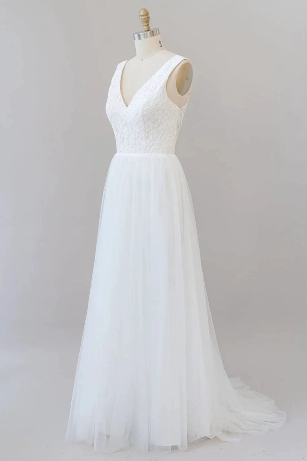 Long A-line Straps V-neck Chiffon Open Back Wedding Dress (ZD15973)
