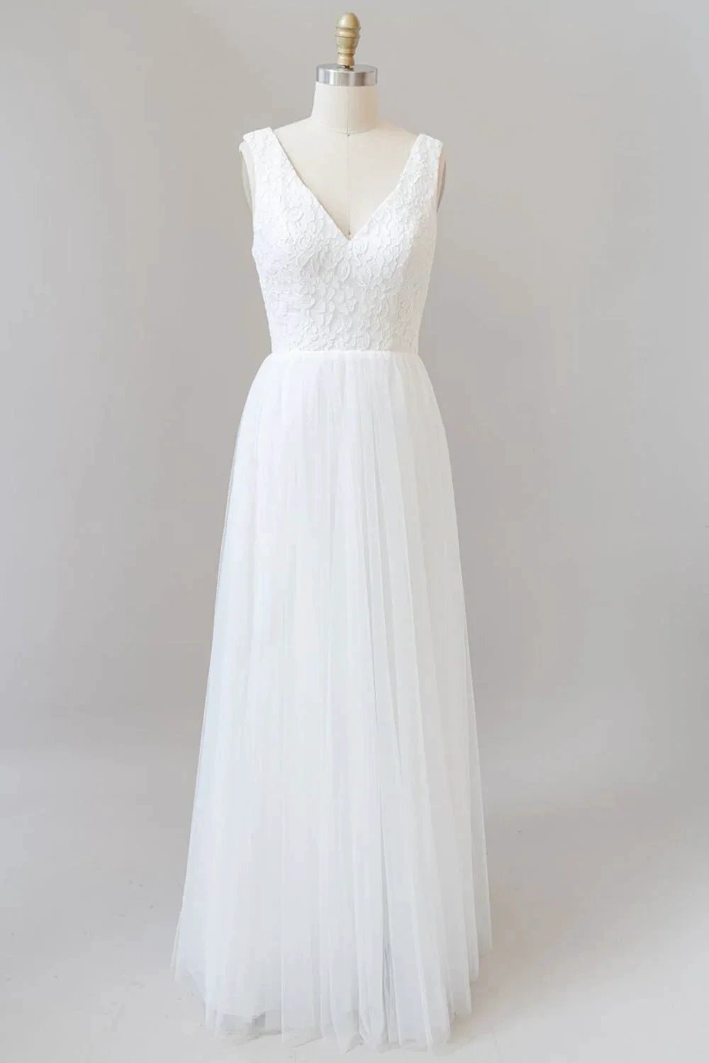 Long A-line Straps V-neck Chiffon Open Back Wedding Dress (ZD15973)
