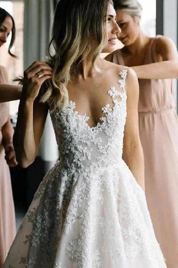 Long A-line Straps V-neck Floral Beads Tulle Backless Wedding Dress (ZD15996)