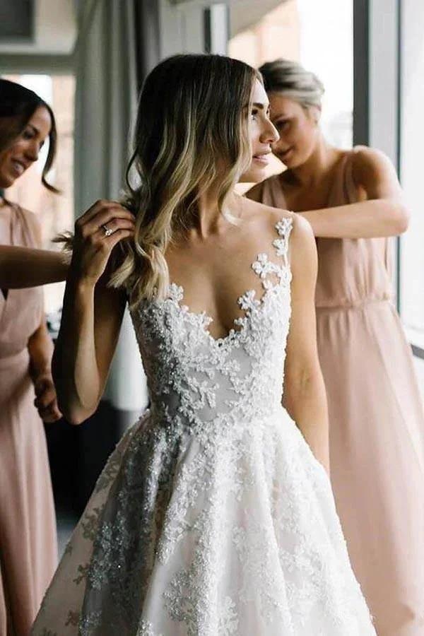 Long A-line Straps V-neck Floral Beads Tulle Backless Wedding Dress (ZD15996)
