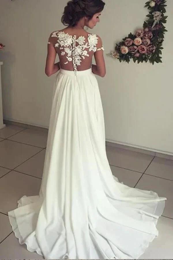 Long A-line Sweetheart Appliques Lace Chiffon Wedding Dress with Slit (ZD15785)