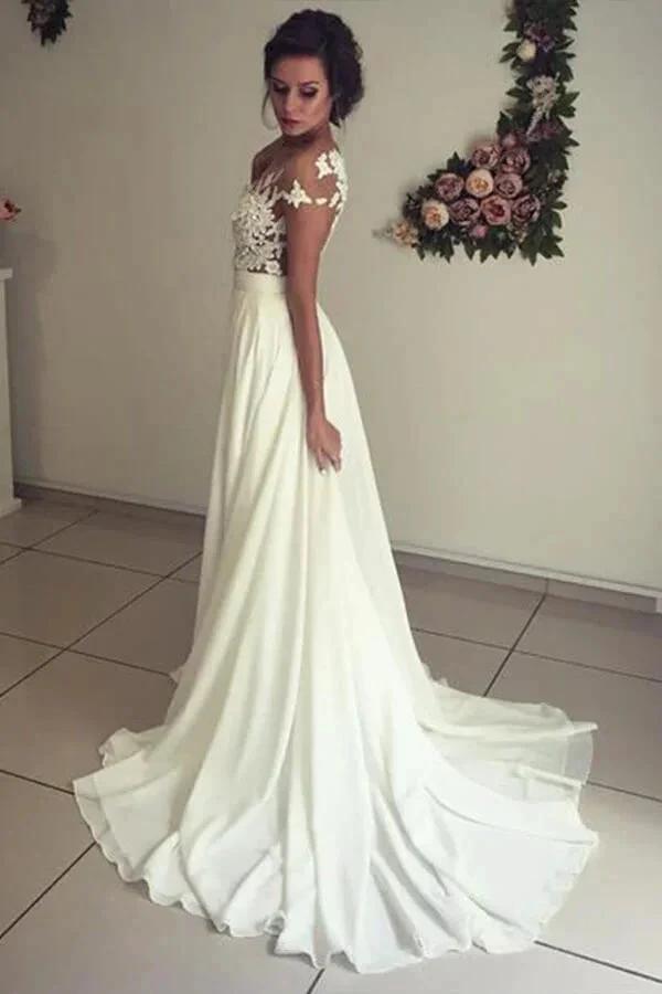 Long A-line Sweetheart Appliques Lace Chiffon Wedding Dress with Slit (ZD15785)