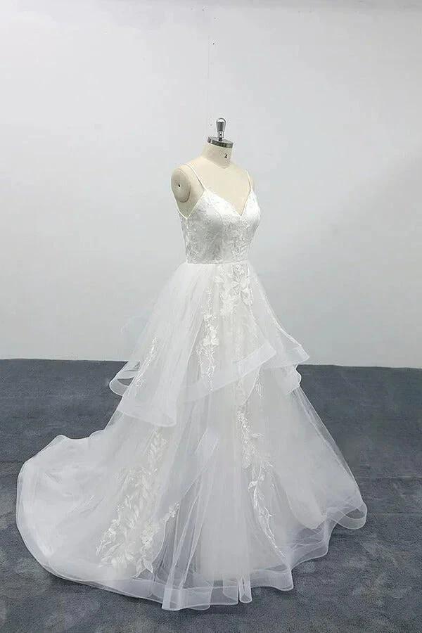Long A-line Sweetheart Appliques Spaghetti Strap Tulle Wedding Dress (ZD15790)