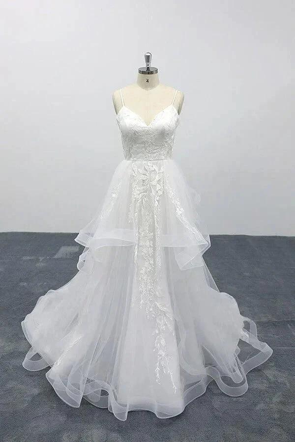 Long A-line Sweetheart Appliques Spaghetti Strap Tulle Wedding Dress (ZD15790)