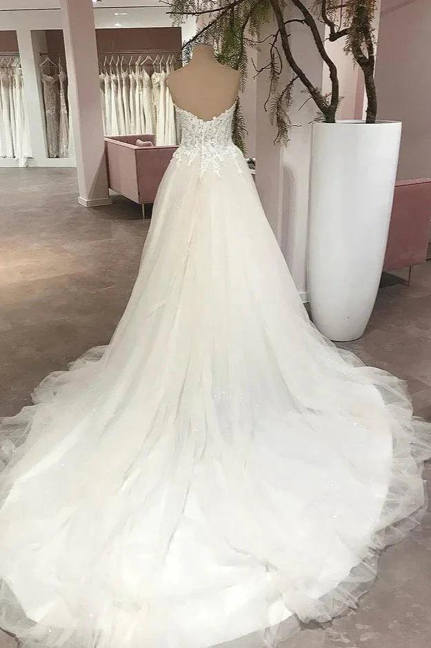 Long A-Line Sweetheart Backless Tulle Appliques Lace Wedding Dress (ZD15225) - View 2 | VelvetHem