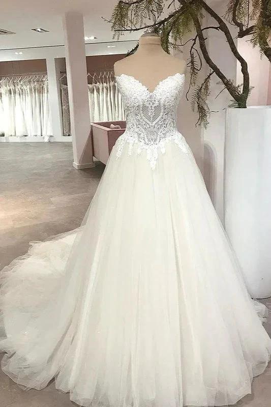 Long A-Line Sweetheart Backless Tulle Appliques Lace Wedding Dress (ZD15225)