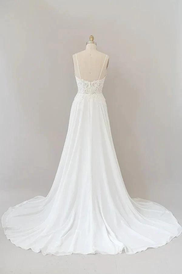 Long A-line Sweetheart Spaghetti Strap Appliques Chiffon Wedding Dress (ZD15779)