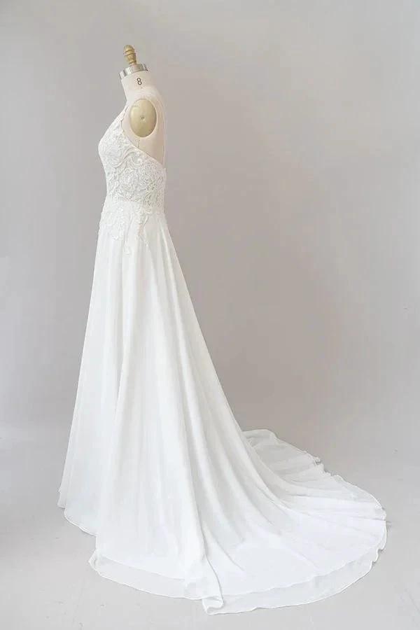 Long A-line Sweetheart Spaghetti Strap Appliques Chiffon Wedding Dress (ZD15779)