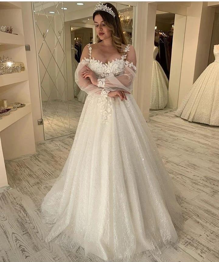 Long A-line Sweetheart Spaghetti Straps Gliiter Wedding Dress with Sleeves (ZD15144)